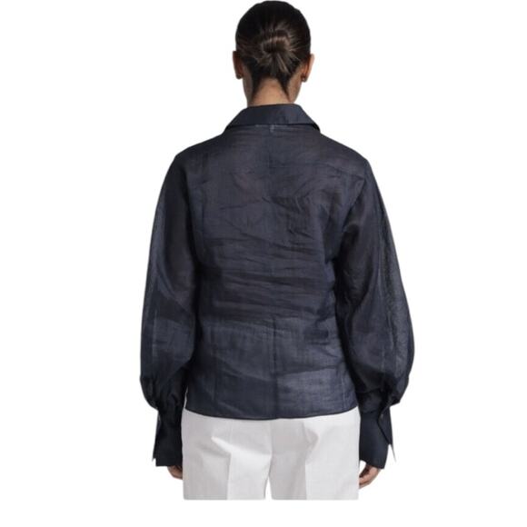 Frame Long Sleeve Ramie Blouse Navy Blue Size Medium - Picture 5 of 12